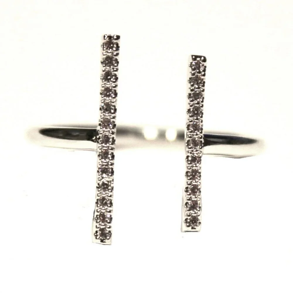 Wide Parallel Lines Open Band Cz Clear Cubic Zirconia Cross Silver Brass Ring 8